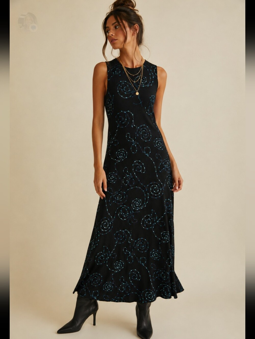 Coldwater Creek Petite Small Black & Blue Floral Stretch Maxi Dress Party EUC